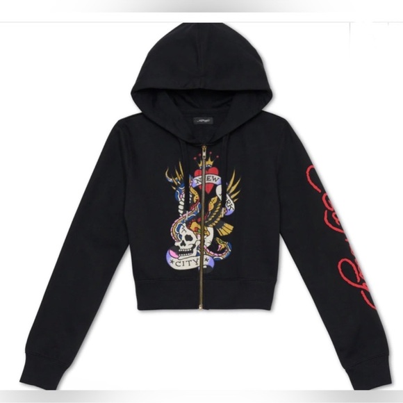 Ed Hardy Tops - Ed Hardy black new york city Nyc Skull Cropped Hoodie size Large NWT
